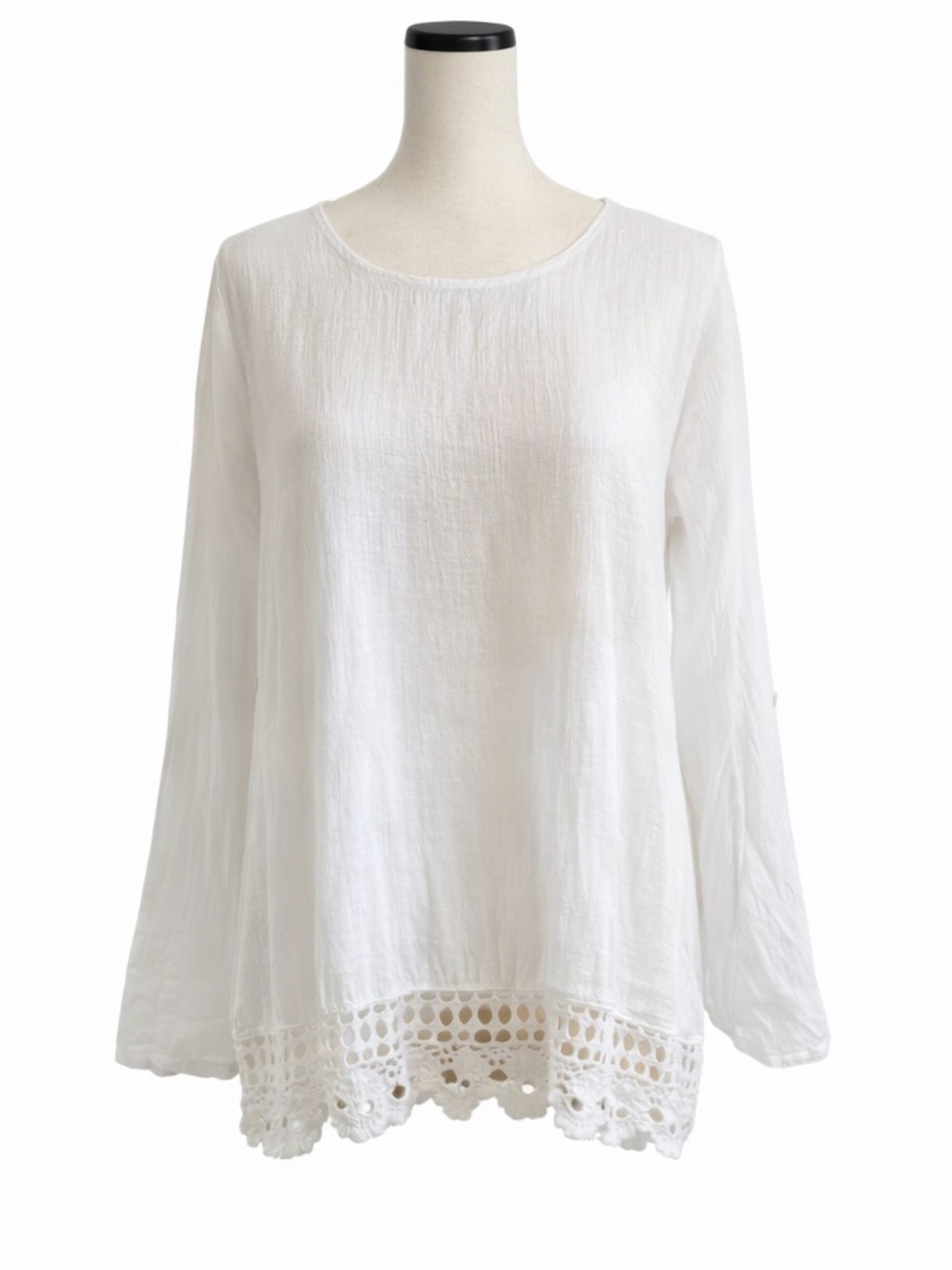 Terzo Millennio 100% Linen Top White Crochet Hem Long Sleeve Made in Italy Sz L - Picture 1 of 6